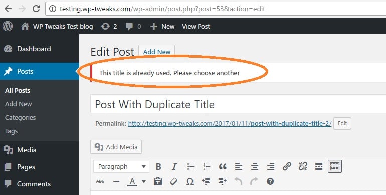 Duplicate Post Titles Error Message
