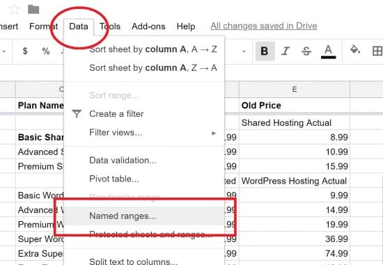 Data Menu for Named Ranges in Google Sheets