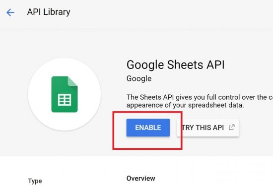 Enable Google Sheets API