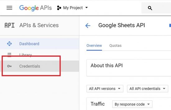 Select Credentials in Google Developer Console