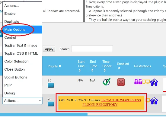 Main Options for Selected Top Bar