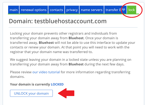 Bluehost Unlock the Domain
