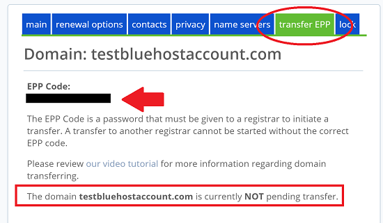 Bluehost - EPP Code to Transfer a Domain