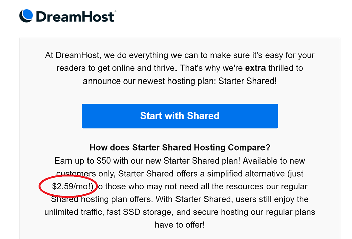 E-mail from DreamHost about New Shared Hosting Plan
