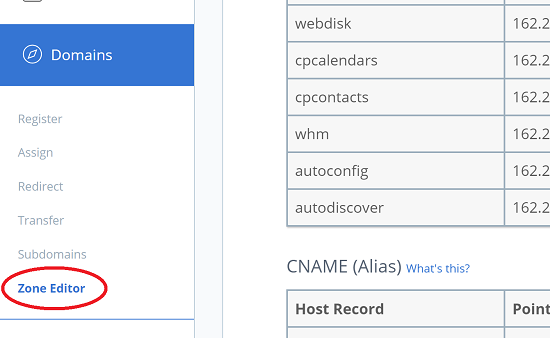 Zone Editor in Bluehost Domains Panel