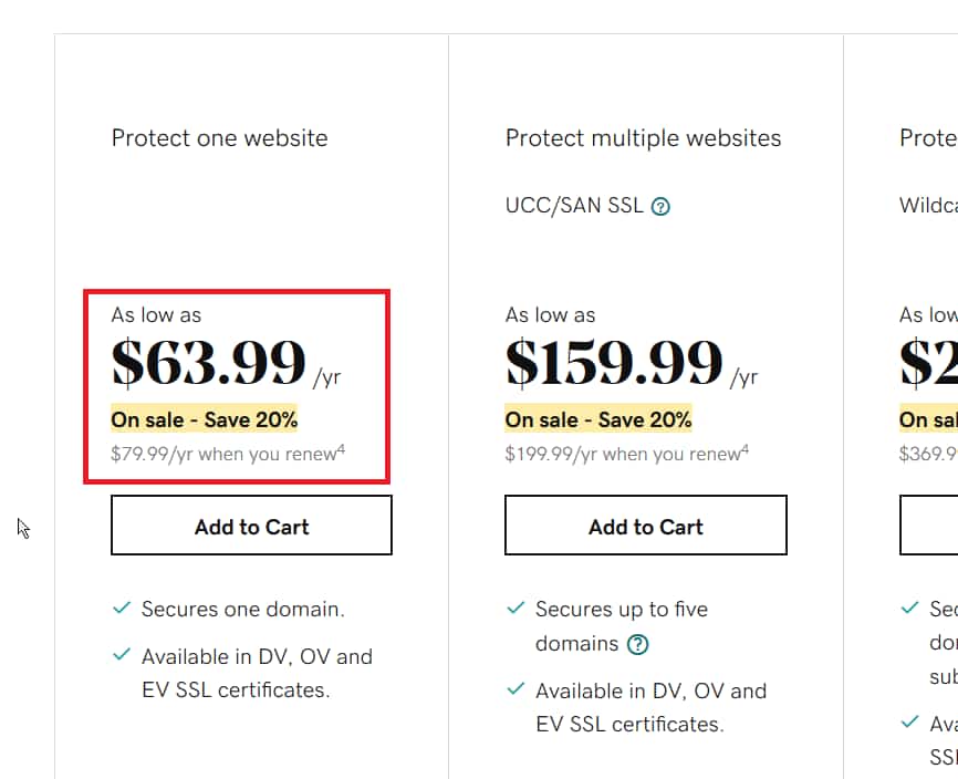 Price of Basic SSL with GoDaddy