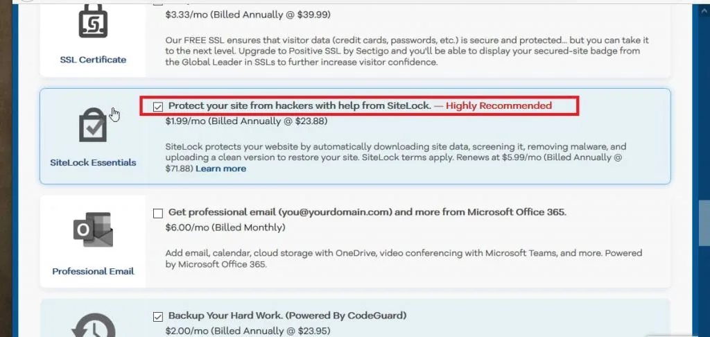 Hostgator Essentials Plan from SiteLock
