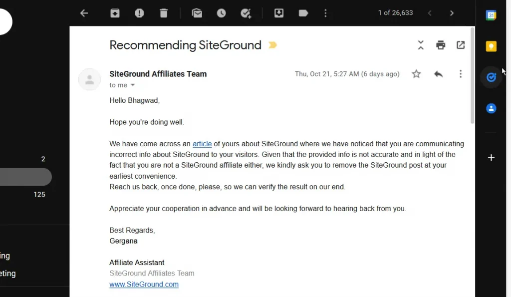E-mail from SiteGround asking me to remove a review from my site.