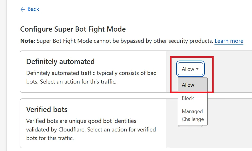 Disable Super Bot Fight Mode - Allow Automated Traffic