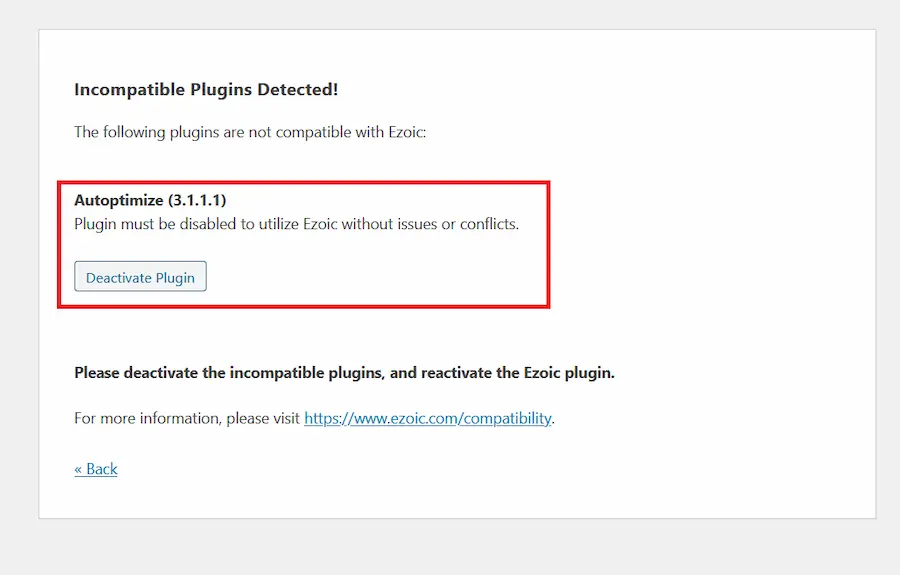 Ezoic WordPress Plugin Require you to Disable Autoptimize