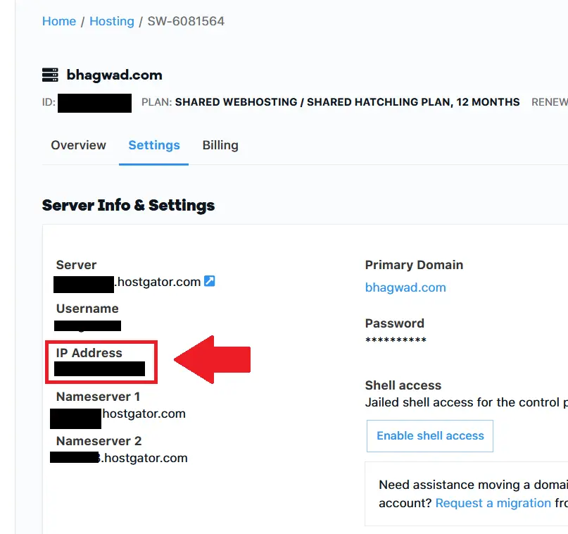 HostGator IP Address from Dashboard