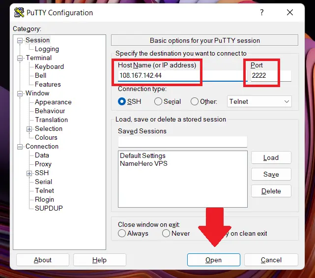 Enter IP Address and Port Number in Putty 