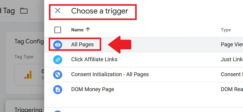 Select the Trigger for All Pages