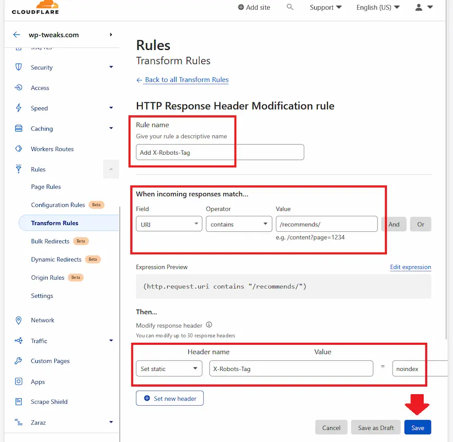 Create an X-Robots-Tag Transform Rule in Cloudflare