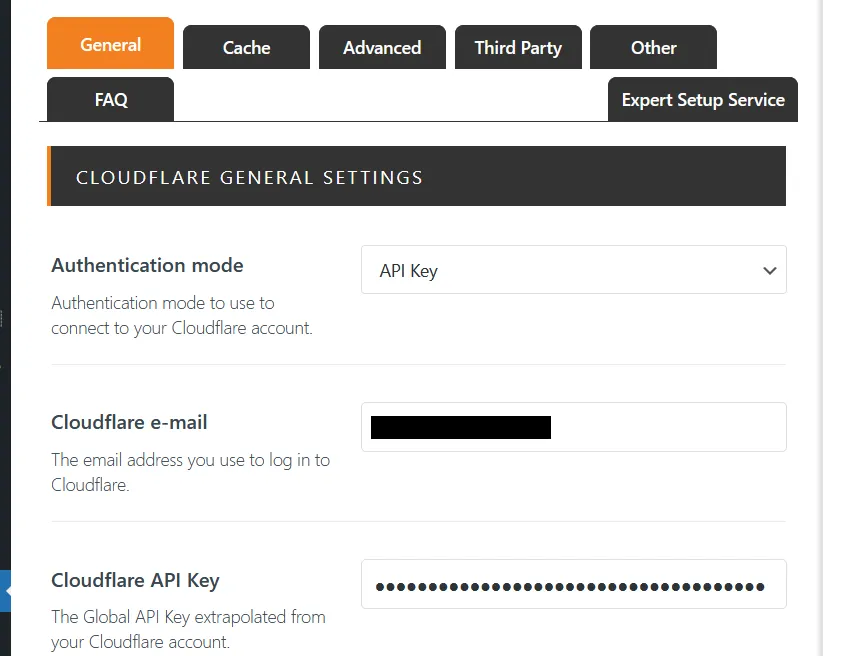 Enter the Cloudflare API Key in Super Page Cache for Cloudflare Plugin