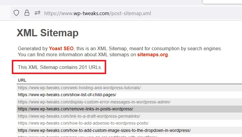 Number of URLs in the Sitemap
